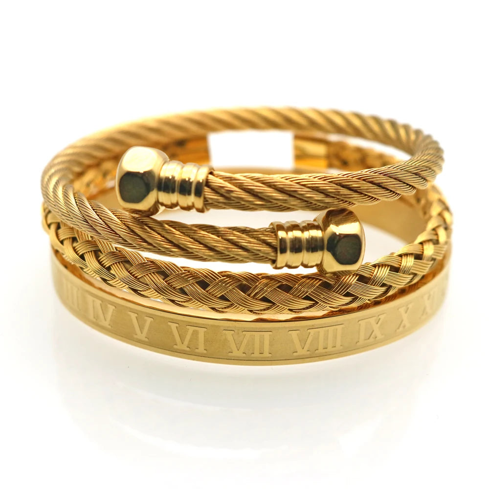 kit 3 Pulseiras Algarismo Romano Masculina Banhado em Ouro 18K