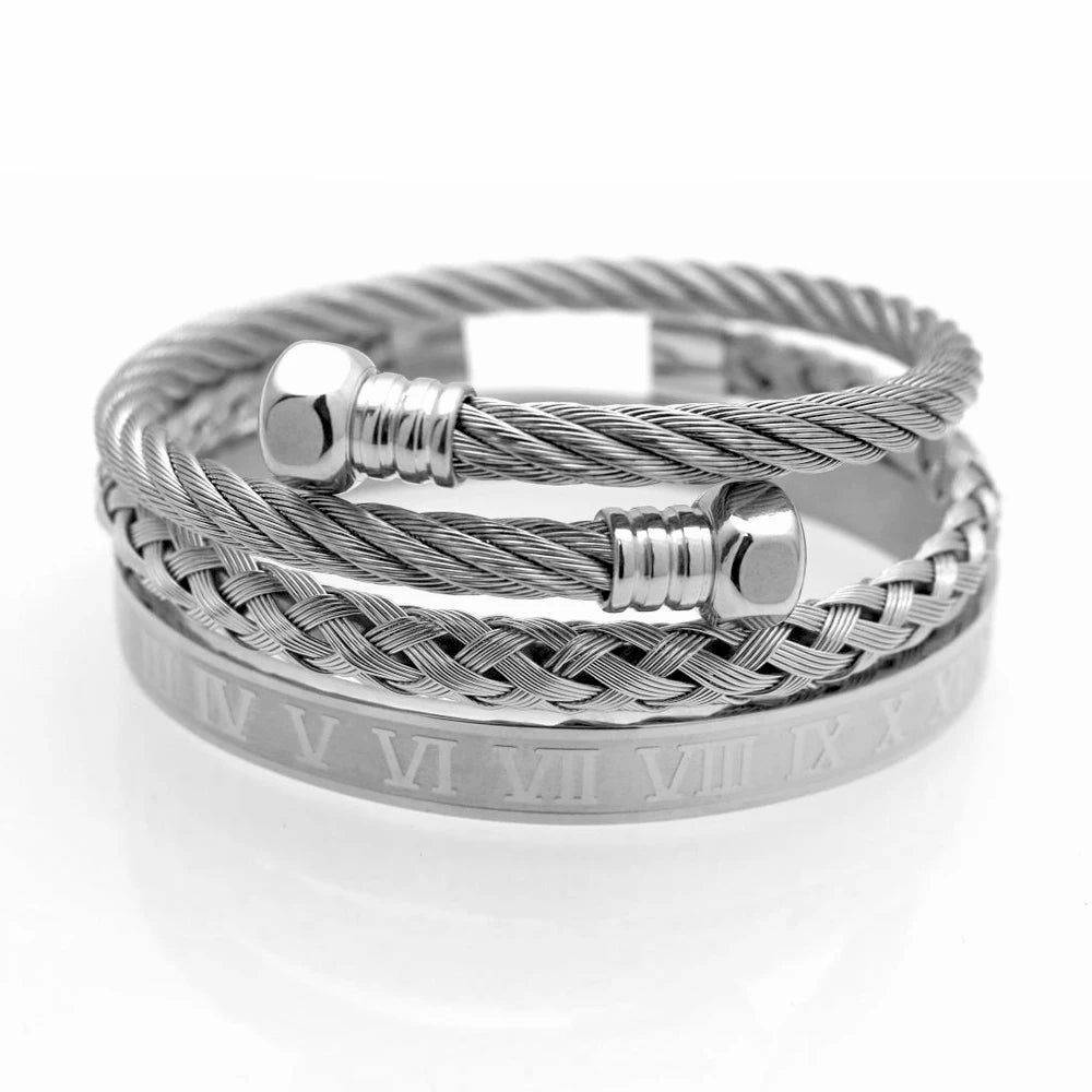 kit 3 Pulseiras Algarismo Romano Masculina Banhado em Ouro 18K