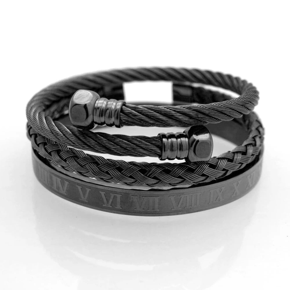 kit 3 Pulseiras Algarismo Romano Masculina Banhado em Ouro 18K