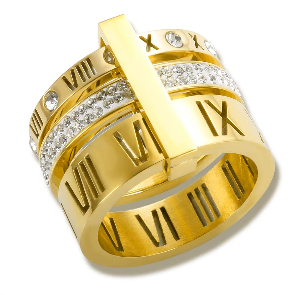 Anel Aro Triplo Algarismo Romano Banhado em Ouro 18K