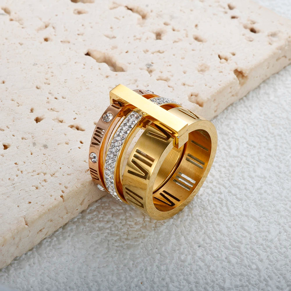 Anel Aro Triplo Algarismo Romano Banhado em Ouro 18K