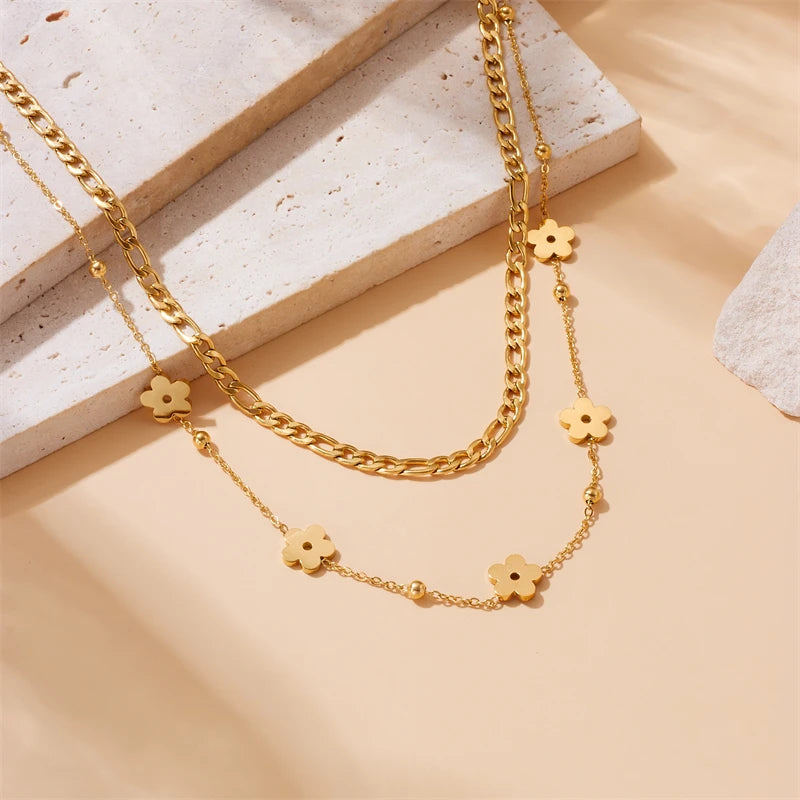 Colar Duplo Flor Banhado em Ouro 18K