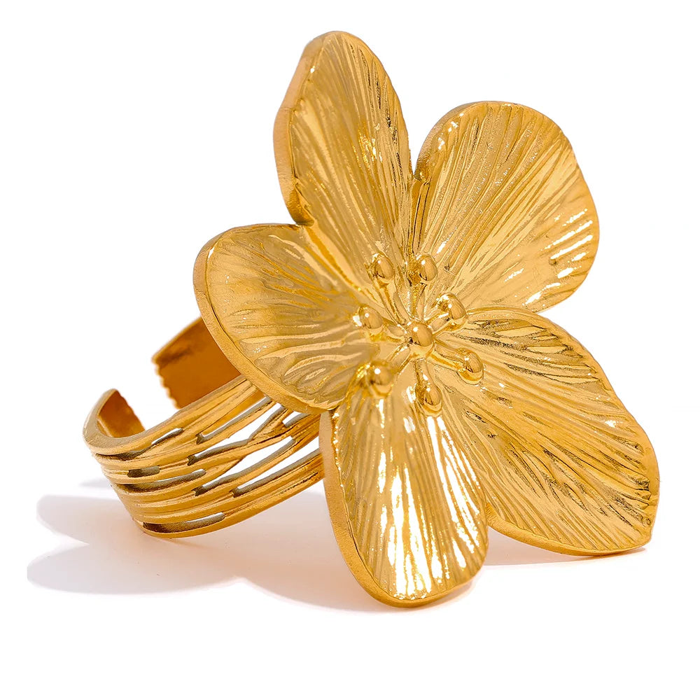 Anel Regulável Floral Banhado em Ouro 18K