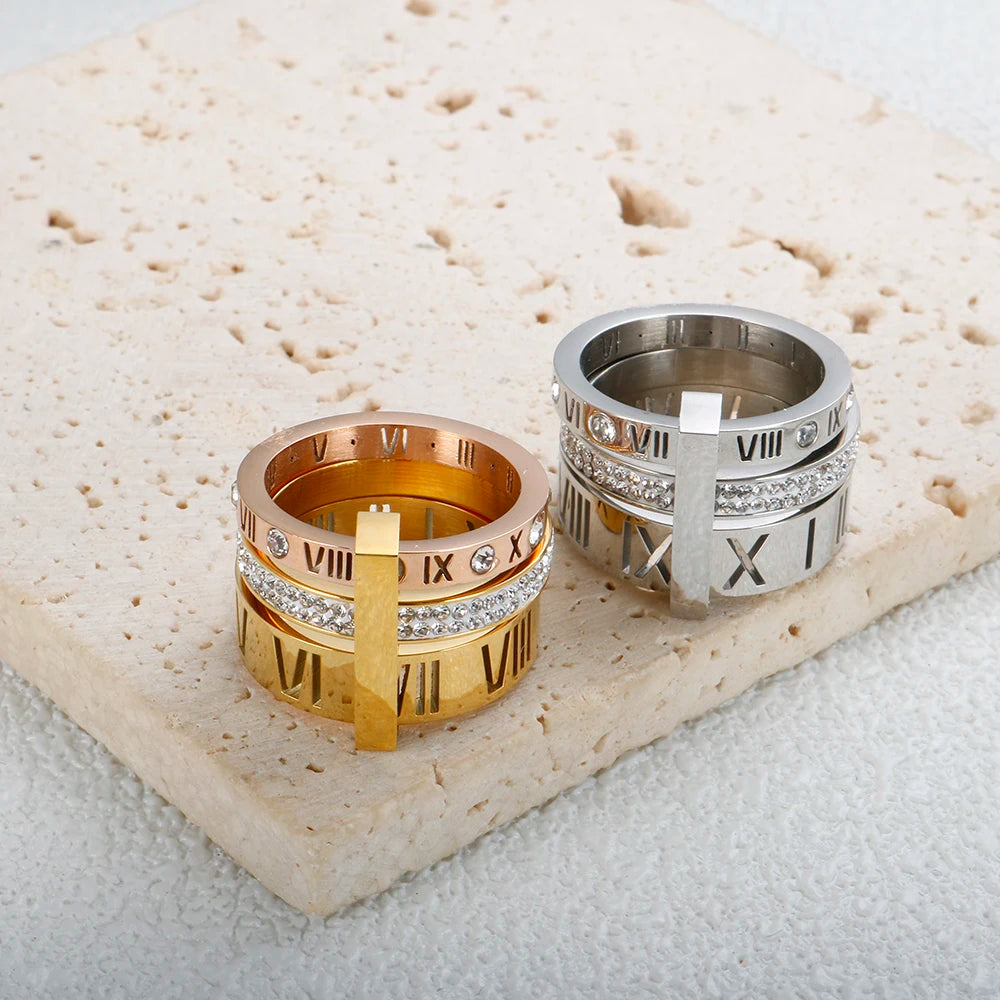 Anel Aro Triplo Algarismo Romano Banhado em Ouro 18K