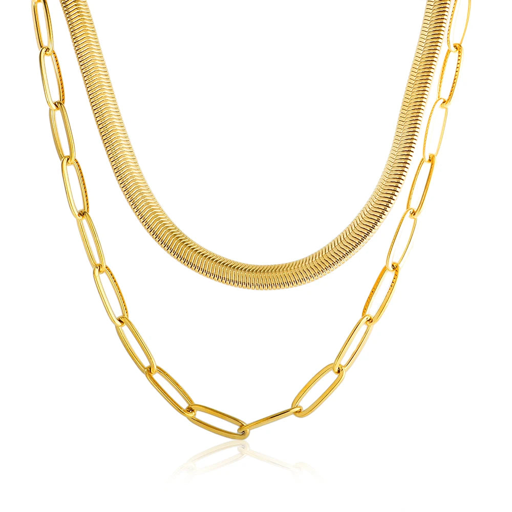Colar Duplo Cobra e Elos Banhado em Ouro 18K