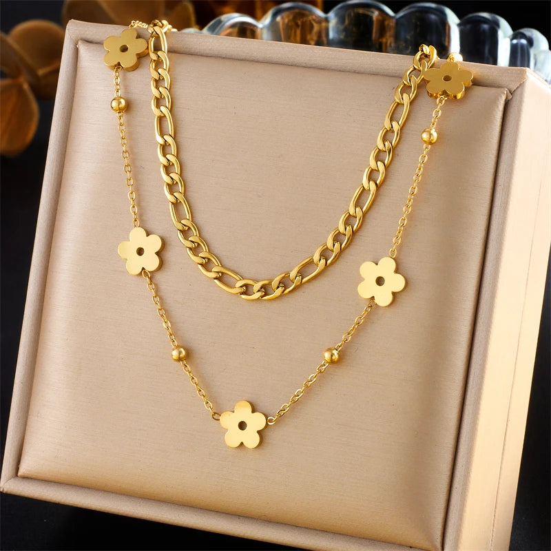Colar Duplo Flor Banhado em Ouro 18K