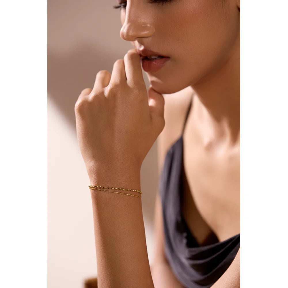 Pulseira Dupla Lisa e Esferas Banhado em Ouro 18K