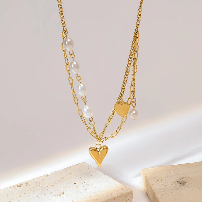 Colar Mix Coração e Pérolas Banhado em Ouro 18K