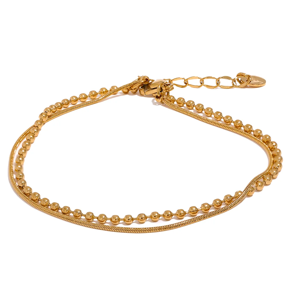 Pulseira Dupla Lisa e Esferas Banhado em Ouro 18K