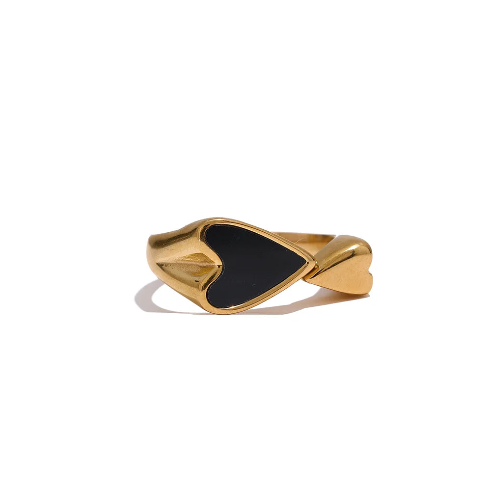 Anel Regulável Coração Black Banhado em Ouro 18K
