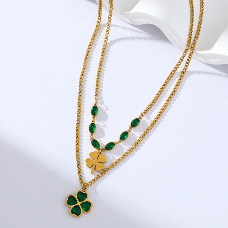 Colar Duplo Trevo 4 Folhas Banhado em Ouro 18K
