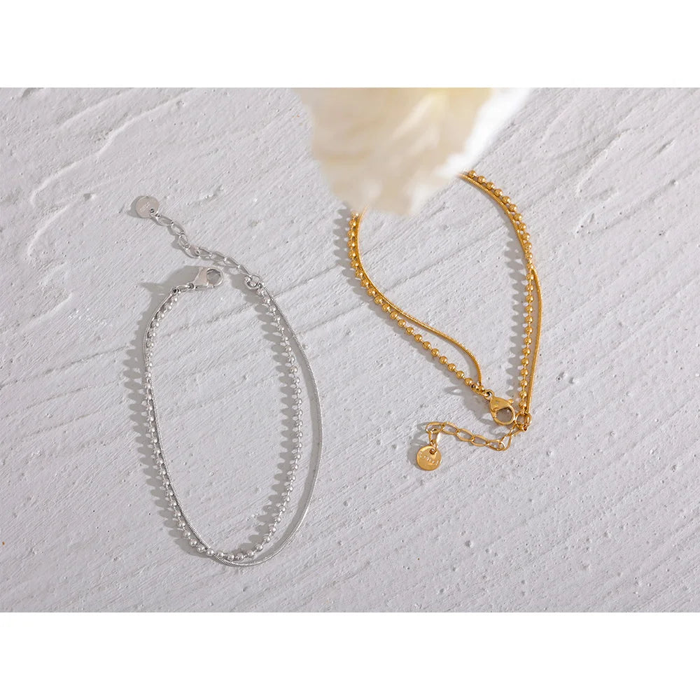 Pulseira Dupla Lisa e Esferas Banhado em Ouro 18K