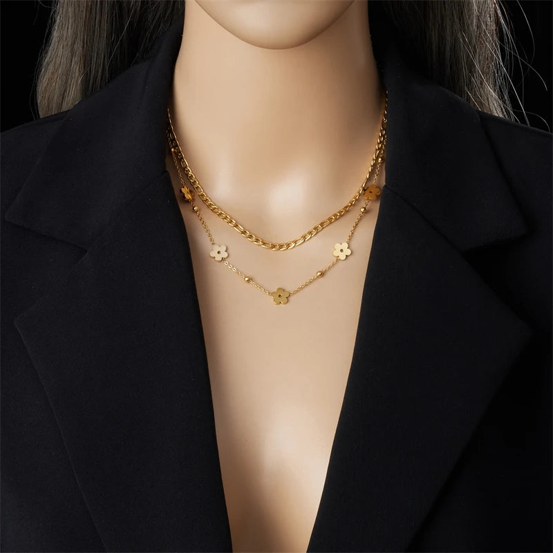 Colar Duplo Flor Banhado em Ouro 18K