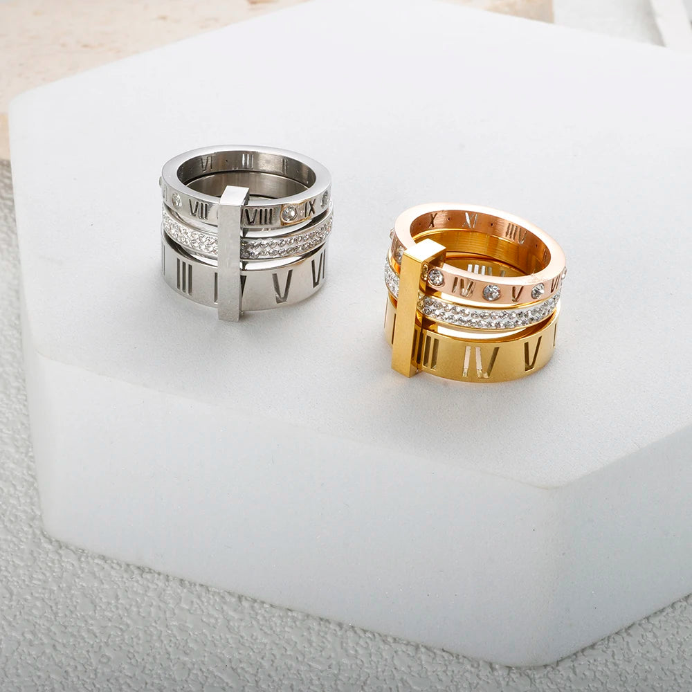 Anel Aro Triplo Algarismo Romano Banhado em Ouro 18K
