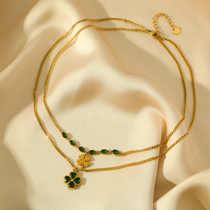 Colar Duplo Trevo 4 Folhas Banhado em Ouro 18K