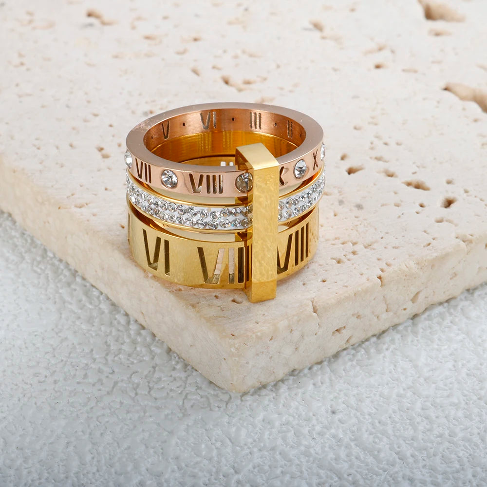 Anel Aro Triplo Algarismo Romano Banhado em Ouro 18K